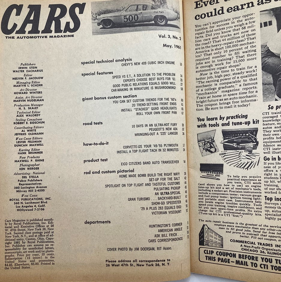 Interior page of VTG Cars Magazine May 1961 Vol 3 #2 displaying the table of contents and articles including '10 Days in an Ultra-Hot Fury' and special features on automotive topics.