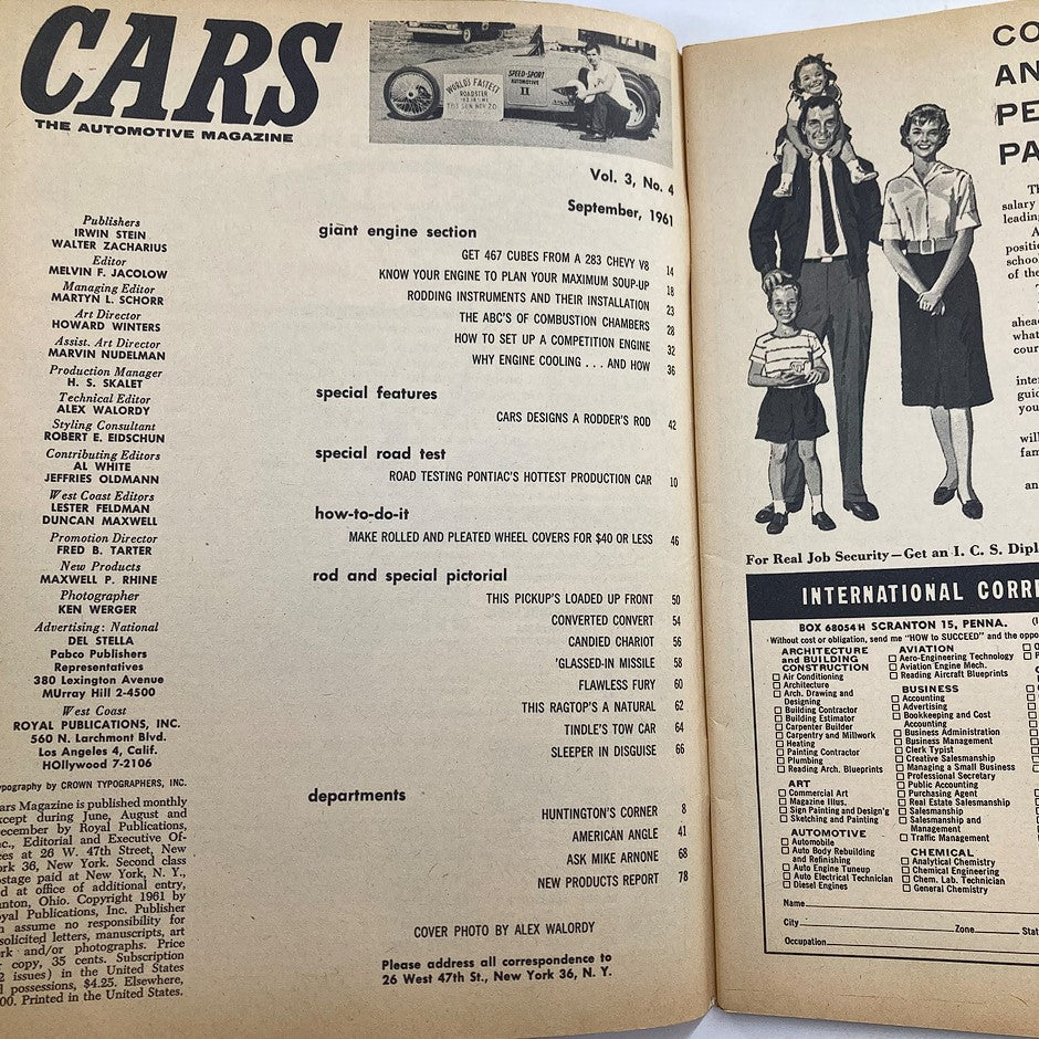 Interior page of VTG Cars Magazine September 1961, Volume 3, Issue 4, displaying the table of contents. The content includes feature articles on engine performance and car modifications, emphasizing 1960s automotive innovation.