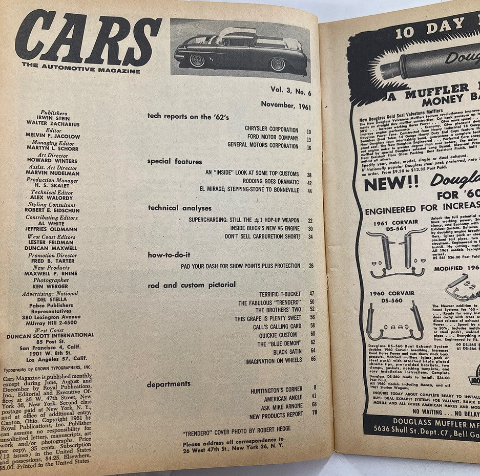 Interior page of VTG Cars Magazine November 1961 Vol 3 #6, displaying the table of contents with articles on the Dodge Dart and Trendero, highlighting classic car culture.