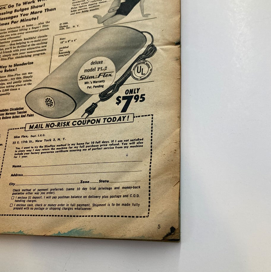 Back cover of VTG Secrets Magazine December 1959 showcasing an advertisement for Slim-Flex device.