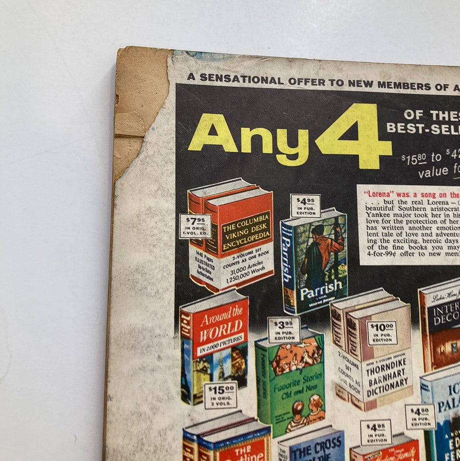 Close-up of the corner of VTG Secrets Magazine December 1959, featuring vintage advertisements for books, showcasing the nostalgic style and typography from the era.