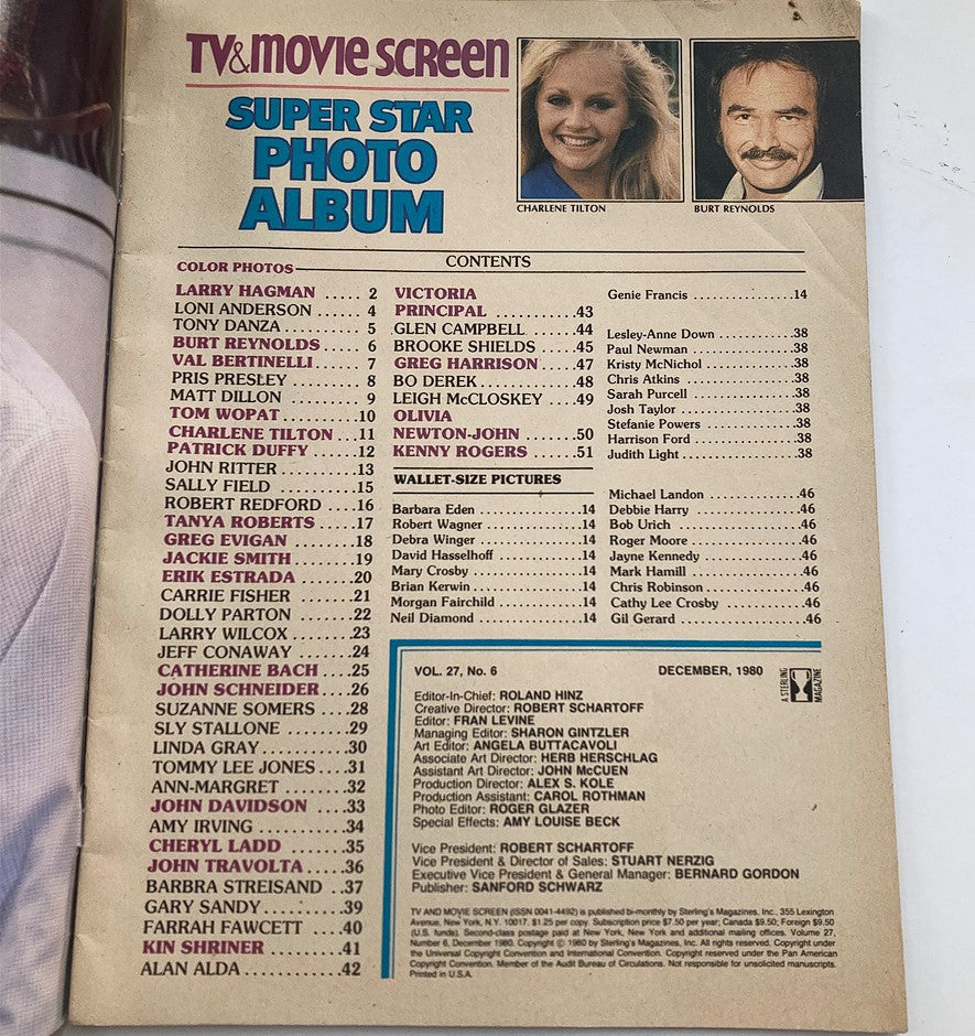Inside pages of the TV & Movie Screen December All Star Photo Album displaying contents and features related to Olivia Newton-John and other stars, capturing the nostalgic essence of 1980s pop culture. Ideal for vintage magazine collectors.