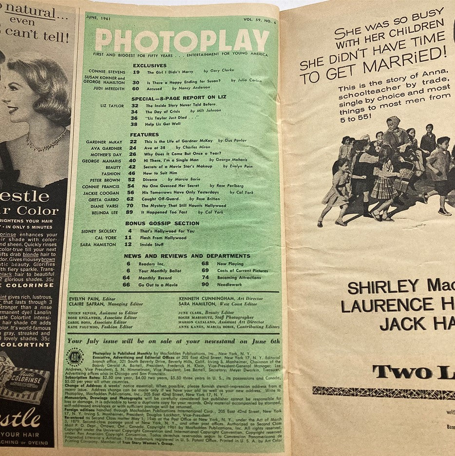 Interior page of the VTG Photoplay Magazine June 1961 displaying table of contents and articles, reflecting classic film culture of the era.