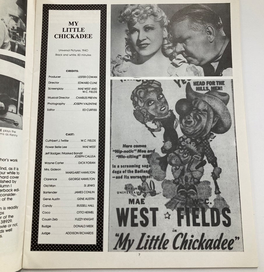 Page from VTG Movie Matinee Magazine Spring 1984 No. 3 showing an advertisement for the film 'My Little Chickadee' with Mae West and W.C. Fields.