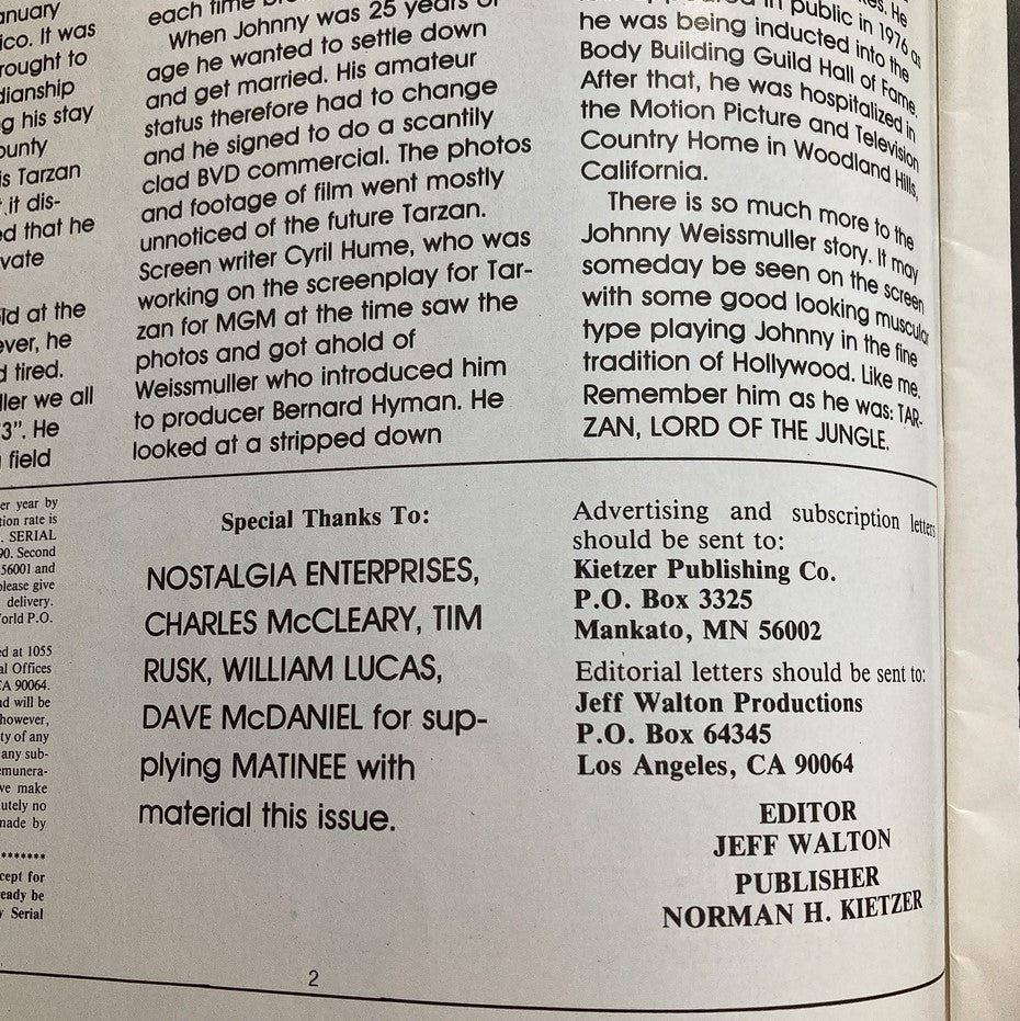 Inside page of VTG Movie Matinee Magazine Spring 1984 No. 3 featuring a tribute to Johnny Weissmuller, actor known for his role as Tarzan.