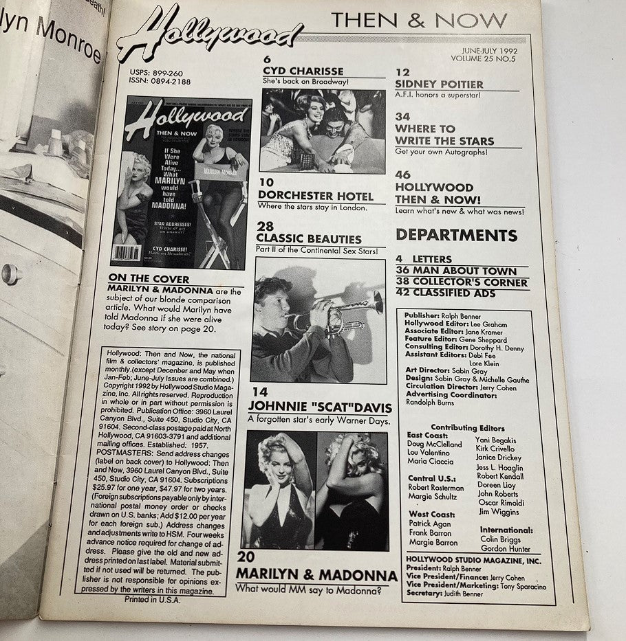 Inside page of Hollywood Then & Now Magazine June 1992 Vol 25 #5, highlighting contents and articles, including a comparison feature on Marilyn Monroe and Madonna.