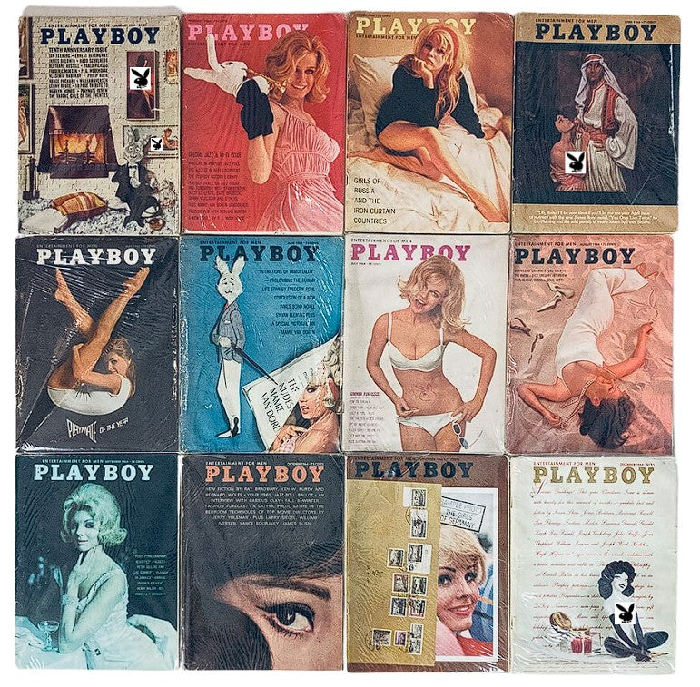 VTG Playboy Magazine Lot of 12 Full 1964 Year Issue showcasing vintage covers in protective wraps. Features iconic centerfold models from the year 1964.