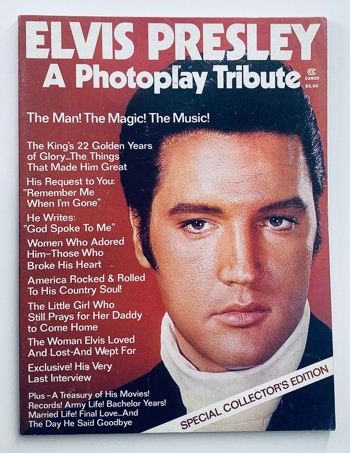 1977 Elvis Presley A Photoplay Tribute The Man, The Magic, The Music cover featuring Elvis Presley with a collection of articles and a striking portrait.