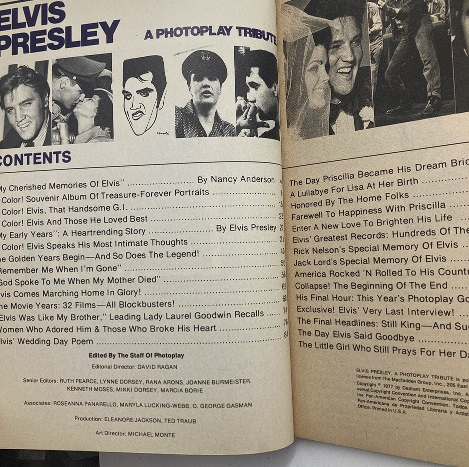 1977 Elvis Presley A Photoplay Tribute The Man, The Magic, The Music interior page showcasing the table of contents edited by the staff of Photoplay.