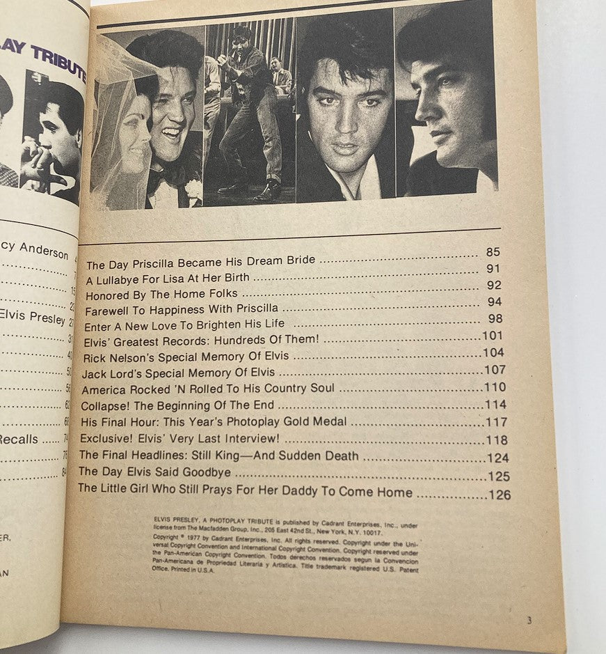 1977 Elvis Presley A Photoplay Tribute The Man, The Magic, The Music interior page featuring further contents, including articles about Elvis's life and career.