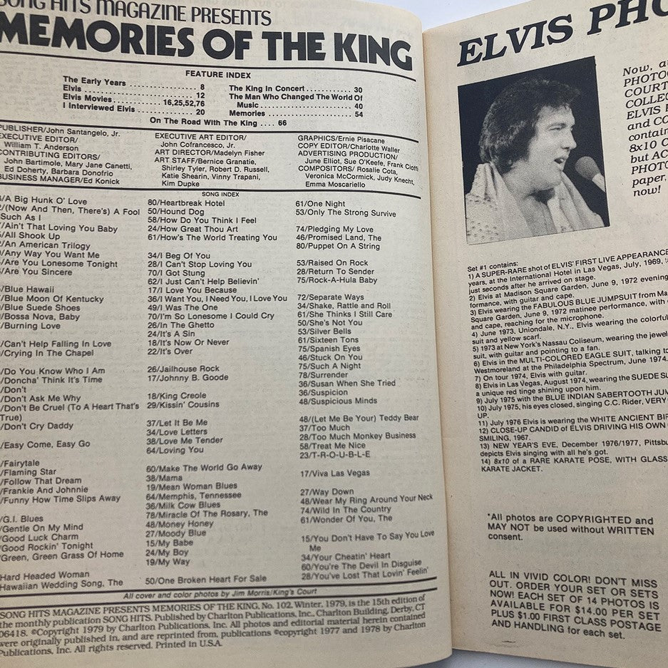 Inside page of VTG Song Hits Magazine Winter 1979 No. 102 detailing the feature index and song titles, including Elvis Presley hits and insights into his musical journey.