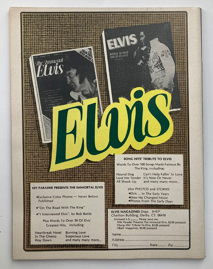Back cover of VTG Song Hits Magazine Winter 1979 No. 102 with a collage of Elvis-related magazines and promotional content highlighting 'Song Hits' tribute to Elvis.