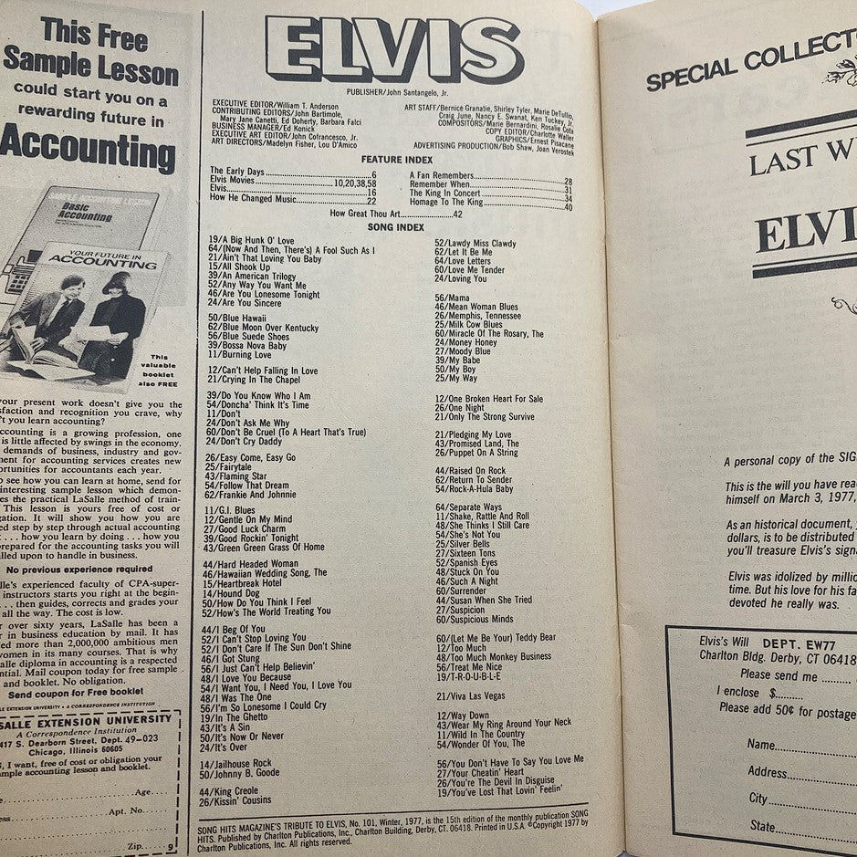 Inside view of VTG Song Hits Magazine Winter 1977 No. 101, featuring detailed song index and articles about Elvis Presley, showcasing vintage music memorabilia.