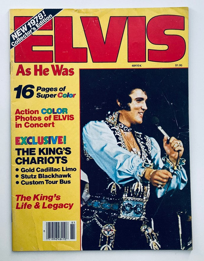 VTG 1978 Elvis Presley magazine titled 'As He Was', featuring a photo of Elvis performing, highlighting 'The King's Life and Legacy'. Includes details like 16 pages of super color images and exclusive content.