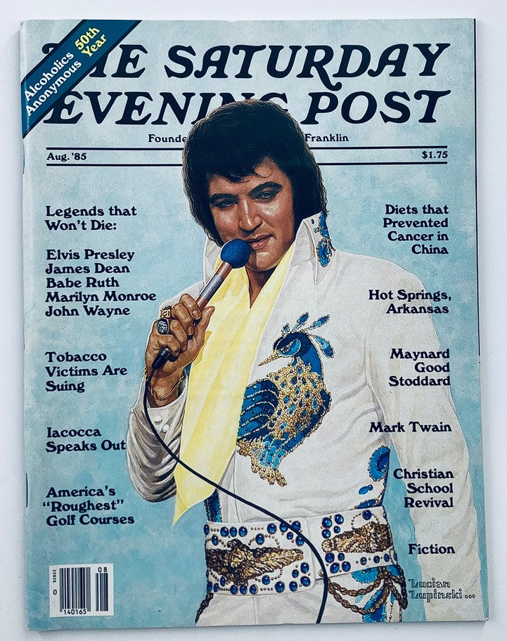 Cover of The Saturday Evening Post July 1985 Vol 257 #5 featuring Elvis Presley, showcasing the iconic artist dressed in a sequined outfit holding a microphone. The magazine discusses various topics including health, history, and culture.