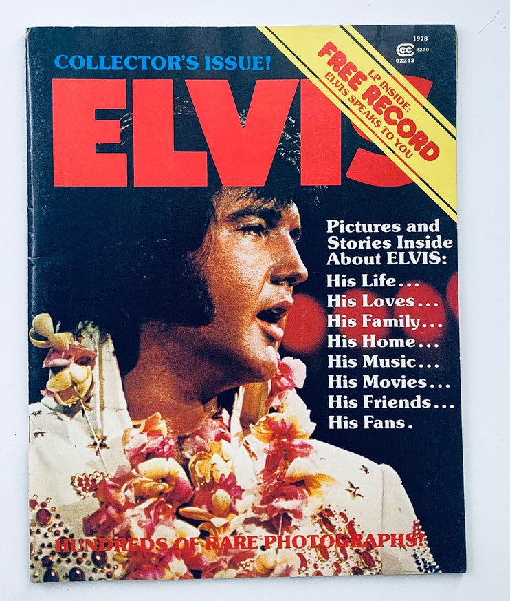 VTG Collector's Issue Magazine 1978 Elvis Presley Pictures and Stories No Label - Cover featuring Elvis in a Hawaiian shirt with floral decor, highlighted by bold text stating 'Collector's Issue!' and 'FREE RECORD ELVIS SPEAKS TO YOU'.