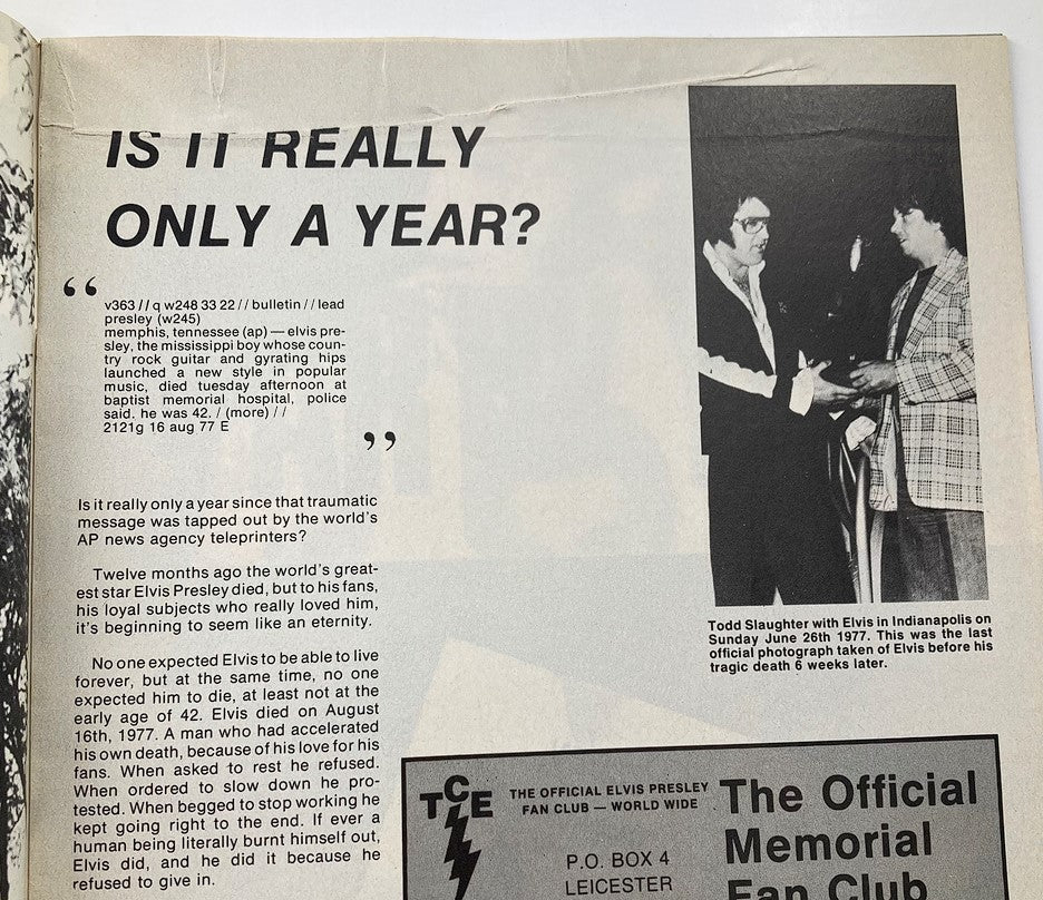 Page from VTG 1978 Elvis Presley The Legend Lives On magazine discussing his tragic death, featuring a photo of Elvis with Todd Slaughter.