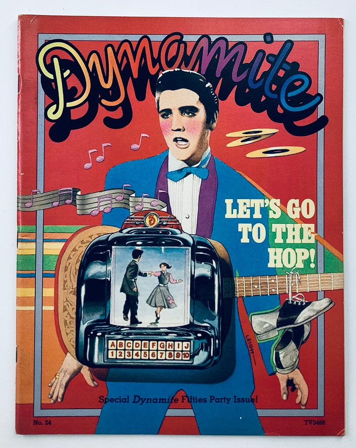 Cover of VTG Dynamite Magazine 1976 No. 24 featuring Elvis Presley, with vibrant colors and retro design, showcasing a vintage jukebox and dancing characters.