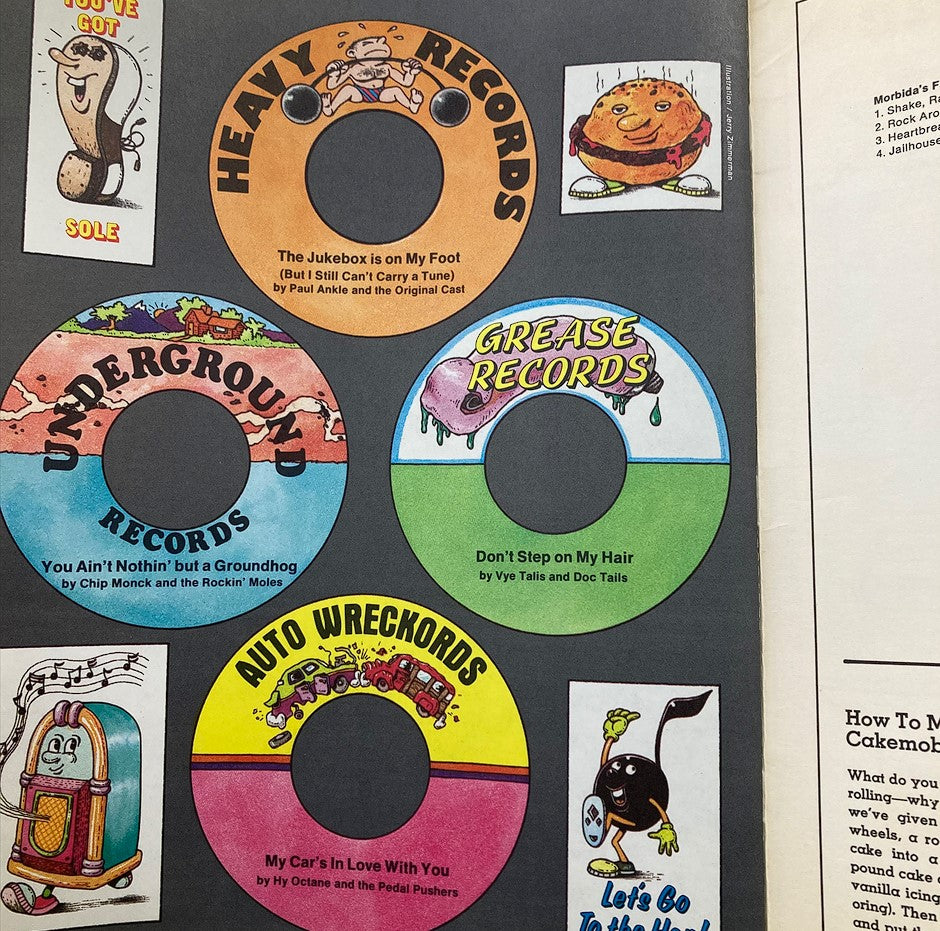 Vintage VTG Dynamite Magazine 1976 No. 24 Elvis Presley - Illustrations of record labels from the magazine including Heavy Records, Underground Records, Grease Records, and Auto Wreckords.