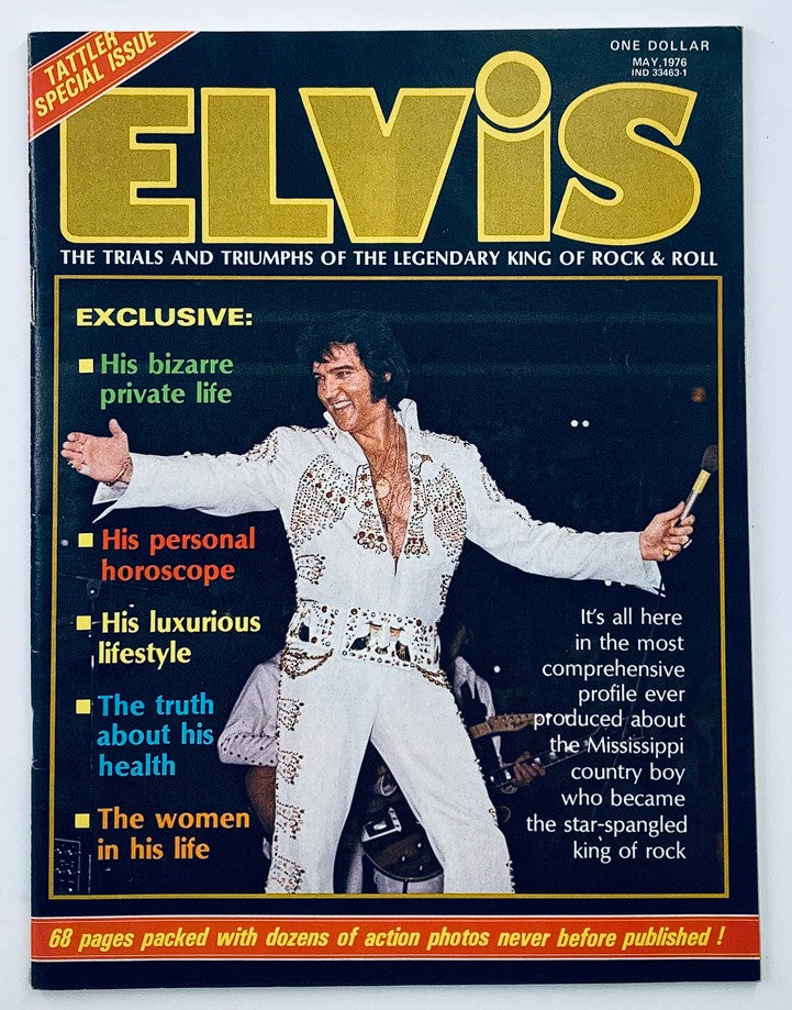 VTG The National Tattler Magazine May 1976 featuring Elvis Presley, highlighting exclusive articles about his life and career, with a vibrant cover showcasing Elvis in a flashy white jumpsuit.
