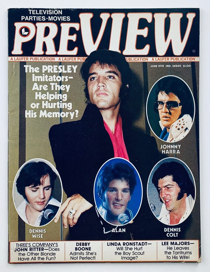 Vintage Preview Magazine June 1978, Vol 2 #10 showcasing Elvis Presley and various imitators on the cover, highlighting the cultural impact of Elvis in the late 1970s music scene.