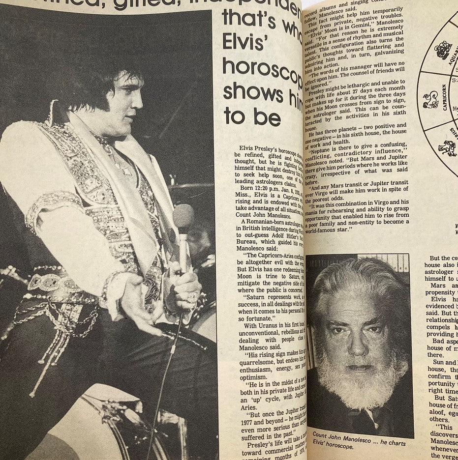 Elvis Presley performing, highlighted in an article about his horoscope in the VTG The National Tattler Magazine May 1976 Elvis Presley.