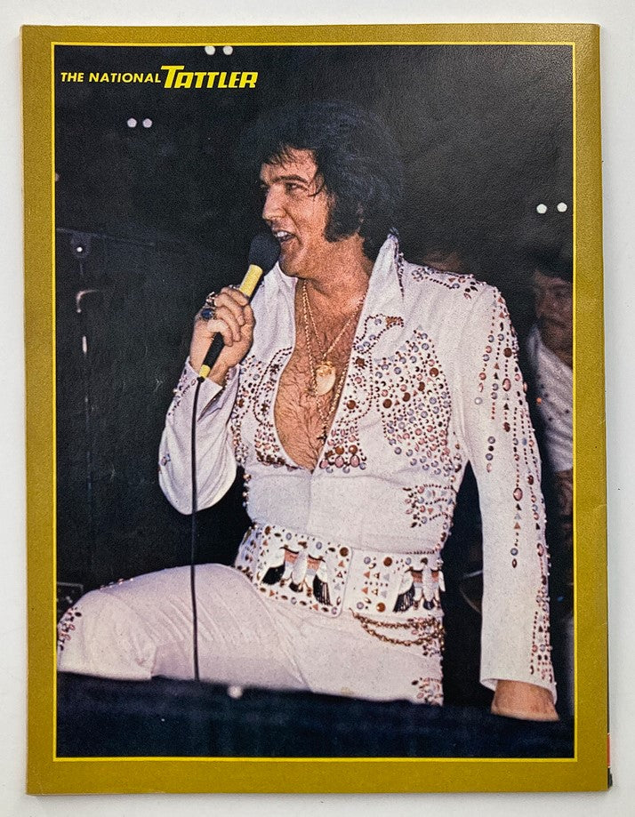 Cover of VTG The National Tattler Magazine May 1976 featuring Elvis Presley in a sparkling white jumpsuit.