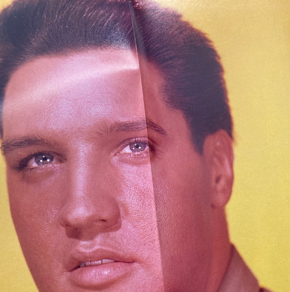 Artistic portrait of Elvis Presley in the VTG Rock Stars Magazine 1987, displaying his striking gaze against a vibrant yellow background.