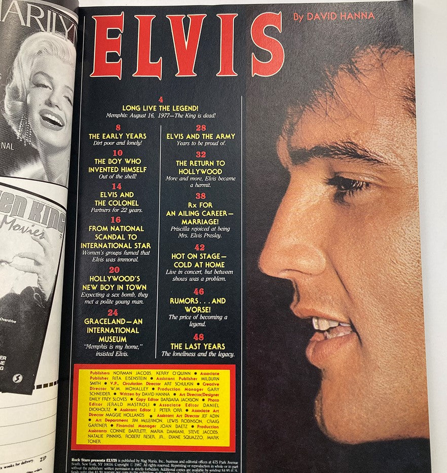 Table of contents page from the VTG Rock Stars Magazine 1987 dedicated to Elvis Presley, showcasing the featured articles and highlights.