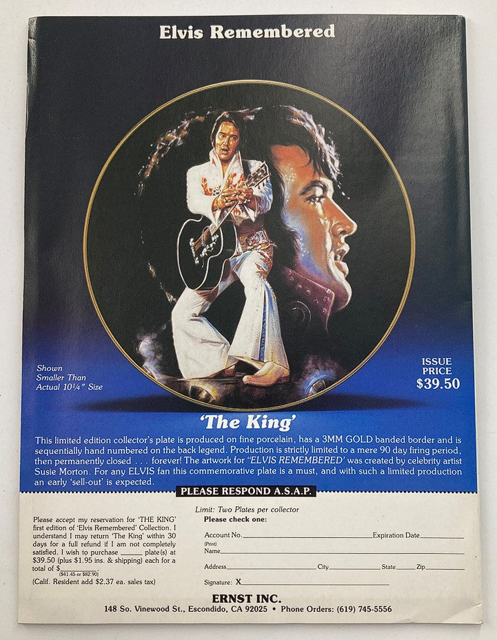 Promotional page for the limited edition collector's plate titled 'The King', included in the 1987 VTG Rock Stars Magazine celebrating Elvis Presley.
