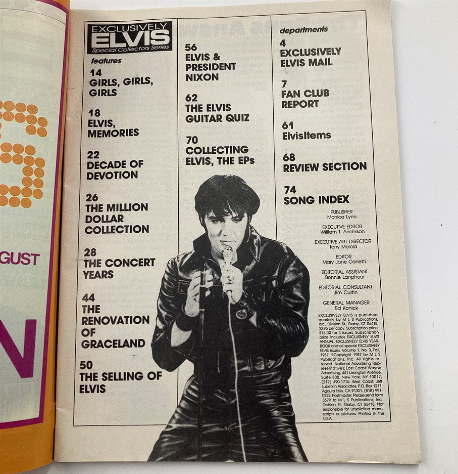 Page from VTG Fall 1987 Exclusively Elvis Presley Special Collector featuring magazine contents including articles on Elvis, fan club reports, and song index.