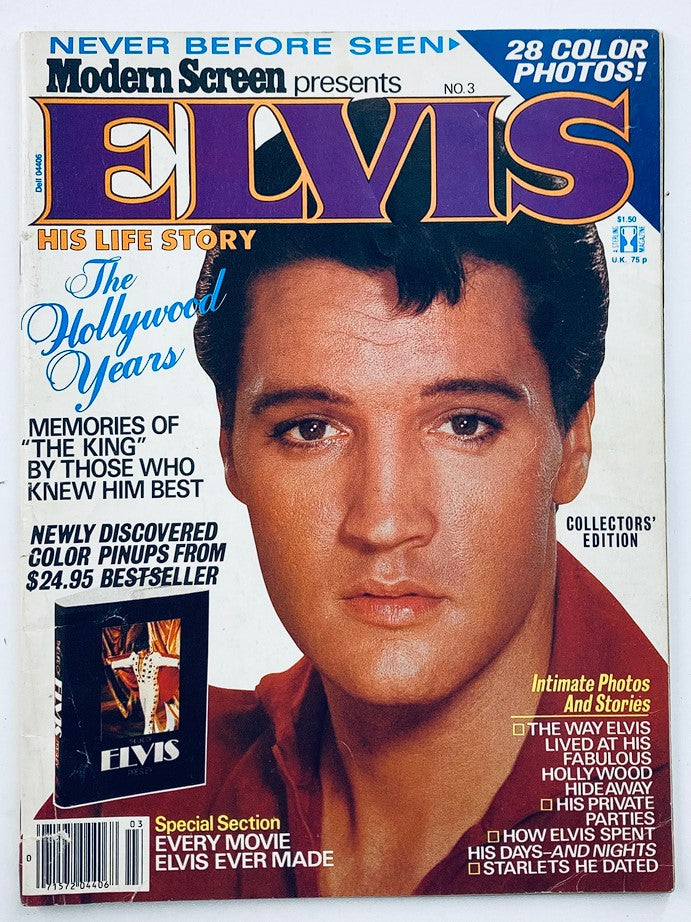 Cover of VTG Modern Screen Magazine 1979 Vol #3 featuring Elvis Presley, showing vibrant colors and headlines about his life story, with a promotional poster included.