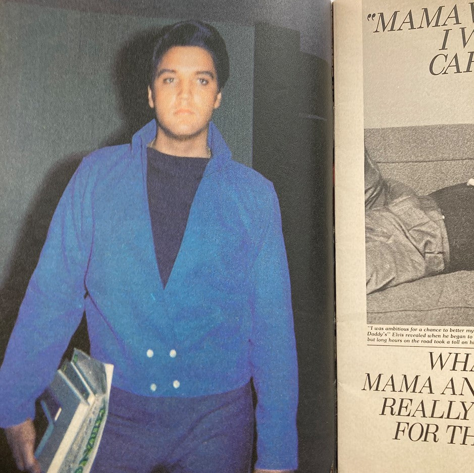 Image of Elvis Presley featured in VTG Modern Screen Magazine 1979 Vol #3, showing him in a blue jacket in a candid moment, accompanied by text about his personal life.