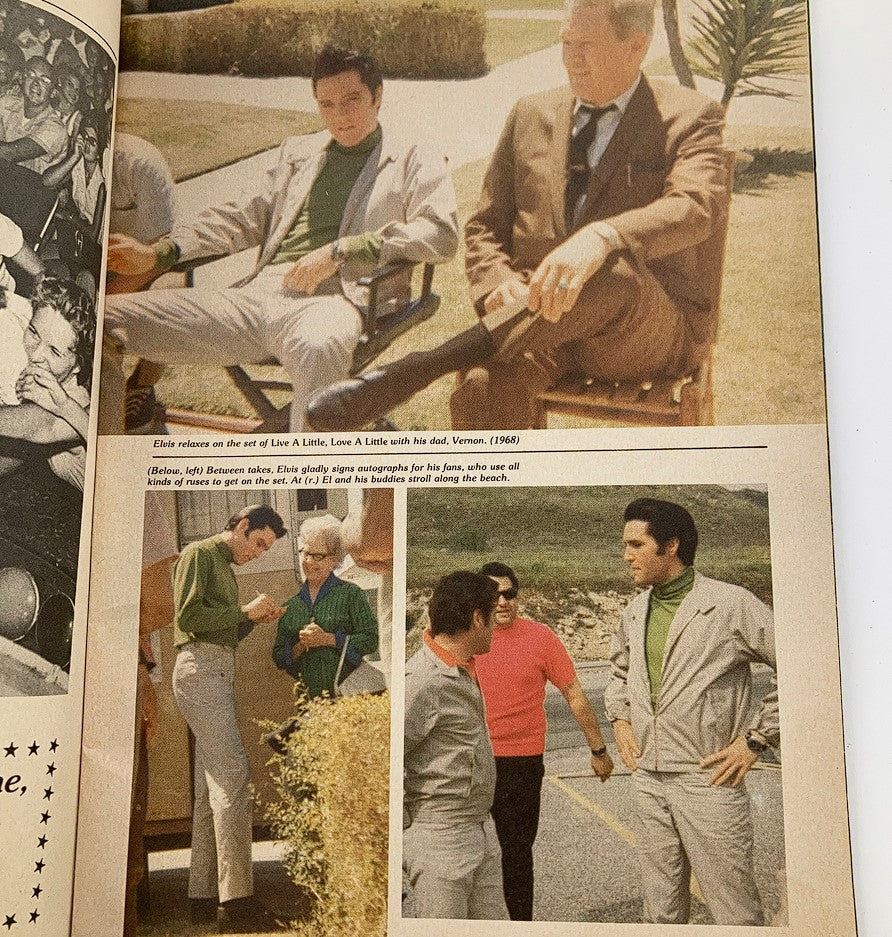 Inside page of VTG Modern Screen Magazine 1979 Vol #3 featuring Elvis Presley on the set of 'Live A Little, Love A Little' with his father, Vernon. Includes exclusive vintage photographs.