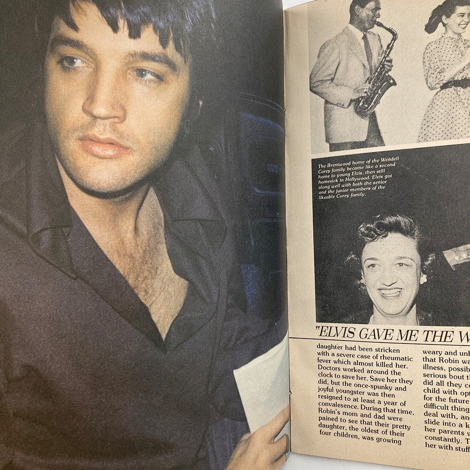 Close-up shot of Elvis Presley from VTG Modern Screen Magazine 1979 Vol #3, capturing his iconic look and charisma, along with accompanying articles about his life.