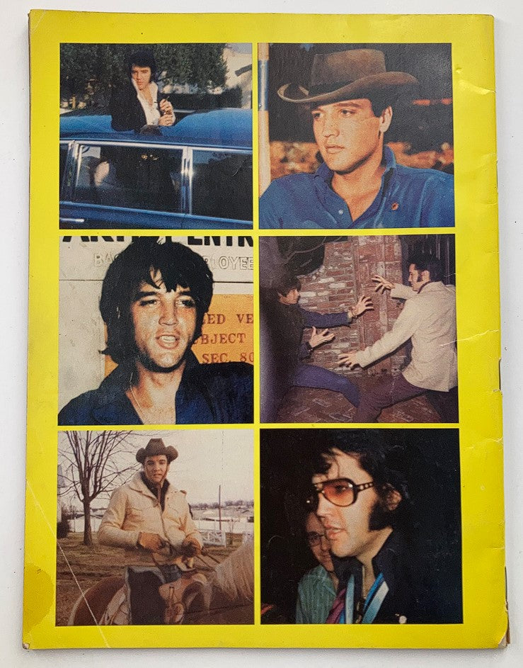 Back cover collage of VTG Modern Screen Magazine 1979 Vol #3 showcasing Elvis Presley in various candid shots, emphasizing his role as a cultural icon.