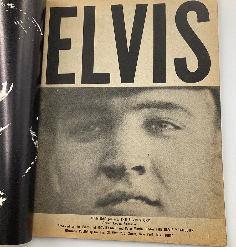 Inside page of VTG Teen Bag Magazine 1977 The Elvis Presley Story showcasing a bold headline 'ELVIS' over a black and white photograph, capturing the essence of Elvis Presley.