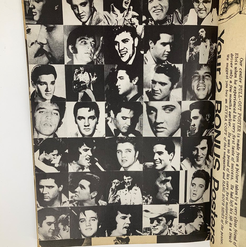 Collage page from VTG Teen Bag Magazine 1977 The Elvis Presley Story featuring numerous images of Elvis Presley, representing his diverse career and memorable moments.
