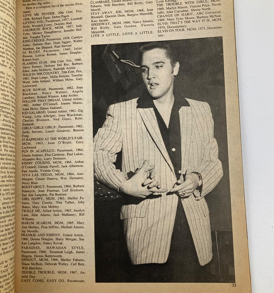 Inside page of VTG Teen Bag Magazine 1977 The Elvis Presley Story displaying an article with a photo of Elvis Presley in a stylish outfit, emphasizing his iconic fashion sense.
