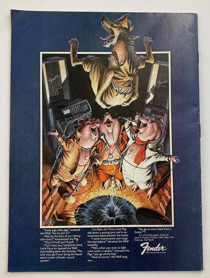 Vintage advertisement featuring a whimsical illustration of the Three Little Pigs and the Big Bad Wolf, promoting Fender sound systems. The ad is styled as a fun, musical scene that captures the playful essence of the story, aligning with the theme of the VTG Country Music Magazine November 1975 Vol 4 #2 Elvis Presley edition.
