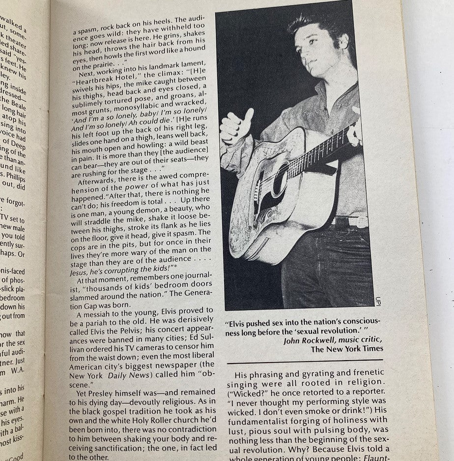 Illustrated article page from VTG Forum Magazine February 1978 Vol 7 #5 featuring a performance by Elvis Presley, reflecting on his impact on American culture.