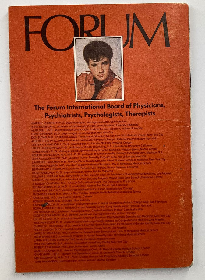 Back cover of the VTG Forum Magazine February 1978 Vol 7 #5 Elvis Presley Cover, showcasing a list of contributors and a photograph of Elvis. This collectible vintage magazine highlights the iconic King of Rock 'n' Roll during an influential era.
