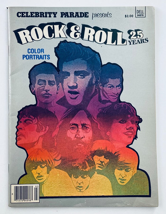 Cover of VTG Celebrity Parade Rock & Roll Magazine 1979 featuring iconic figures in rock music, including Elvis Presley, illustrated in vibrant colors.