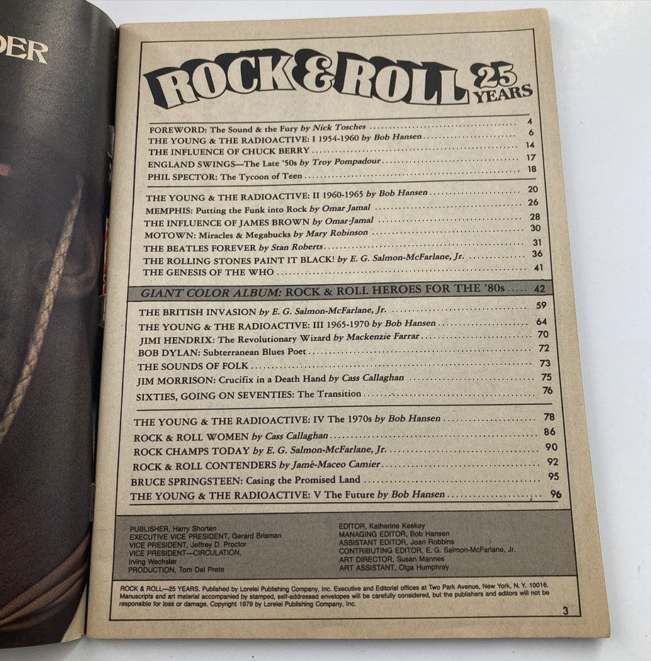 Table of contents from the VTG Celebrity Parade Rock & Roll Magazine 1979 detailing articles about key rock music figures and events.