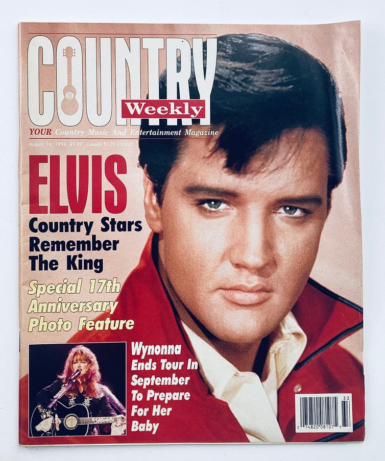 Cover of Country Weekly Magazine, August 16, 1994, featuring Elvis Presley and Wynonna Judd, highlighting Elvis in a red jacket. A tribute to the King with articles remembering him.