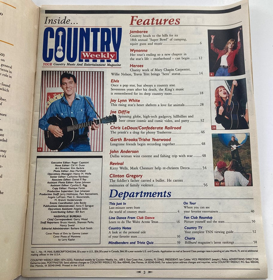 Inside page of Country Weekly Magazine, August 16, 1994, displaying features and articles including Elvis and Wynonna Judd.