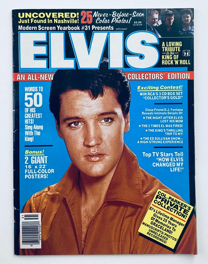Cover of the VTG Modern Screen Yearbook 1982 #31 featuring Elvis Presley in a striking portrait, highlighting its collectible status with the note about included posters. A must-have for Elvis fans and vintage magazine collectors.