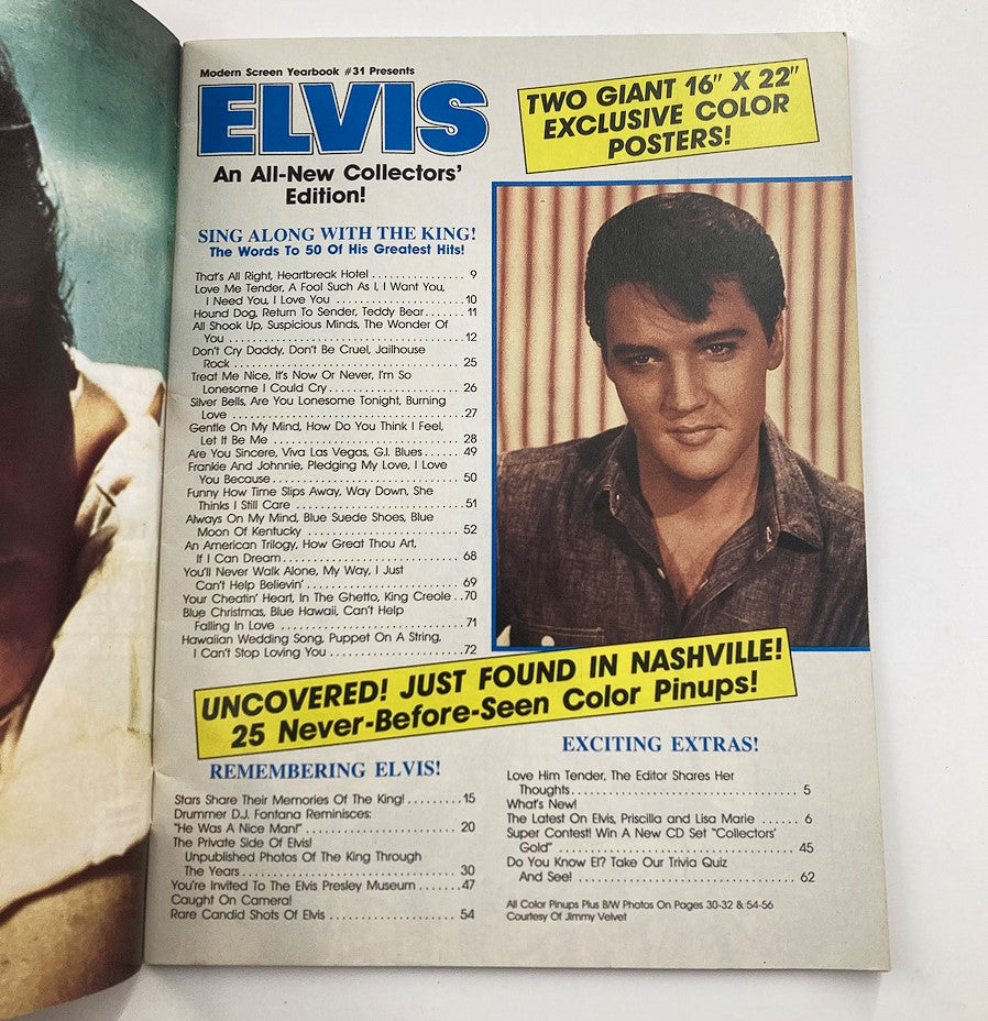 Interior page of the VTG Modern Screen Yearbook 1982 featuring Elvis Presley, showcasing song titles and articles related to the King of Rock and Roll.