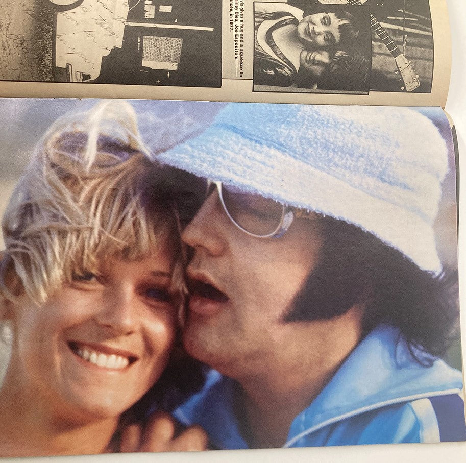 Image from the VTG Modern Screen Yearbook 1982 depicting an intimate moment between Elvis Presley and a woman, capturing a personal side of the music legend.