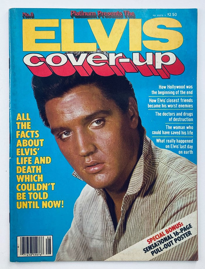 VTG Platinum Presents No. 8 1980 Elvis Presley Cover-Up magazine featuring a vibrant cover with Elvis Presley, highlighting articles about his life and legacy, including a special bonus pull-out poster.